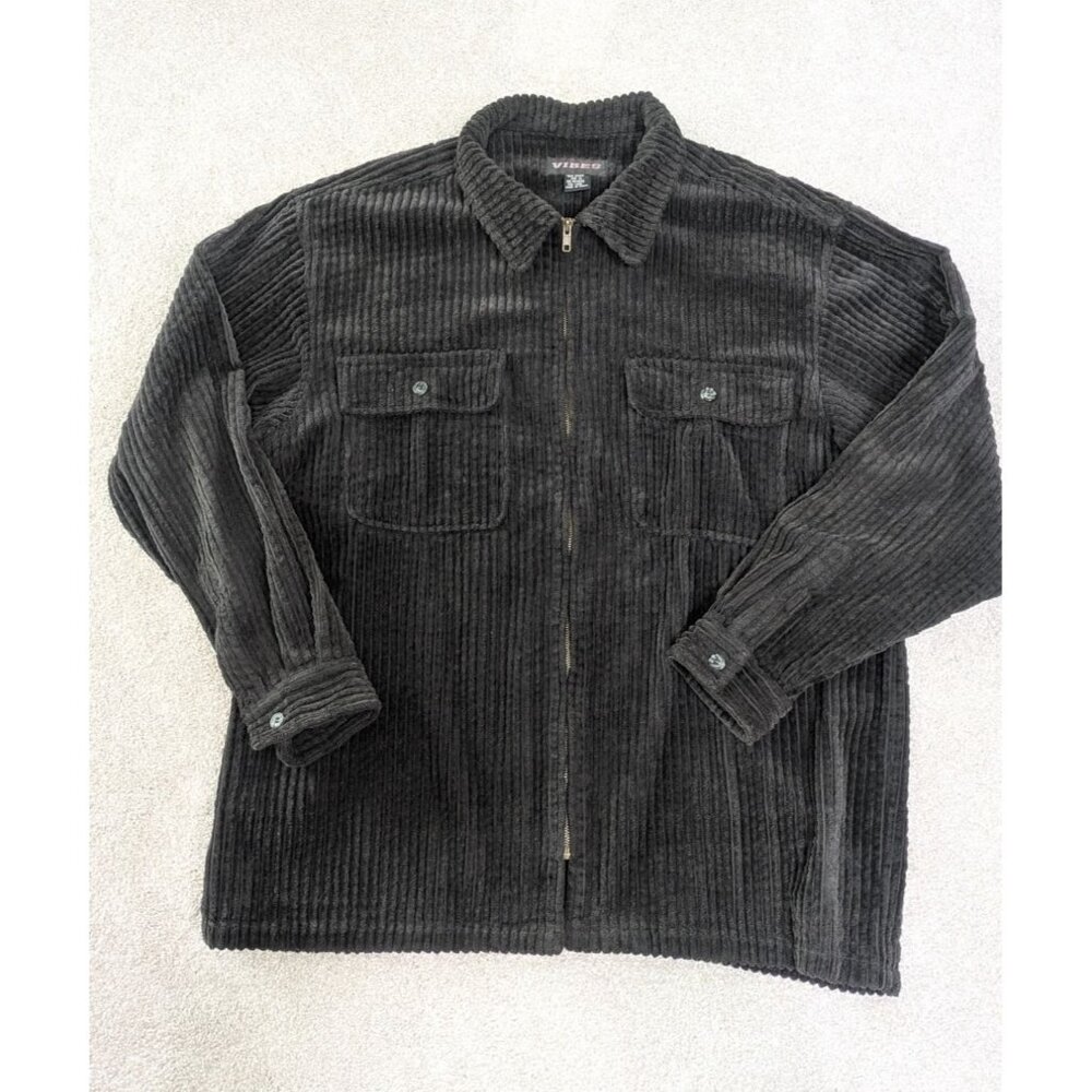 Vibes Mens Corduroy Zip-Up Jacket XL Black Shacket Skater Grunge Shirt